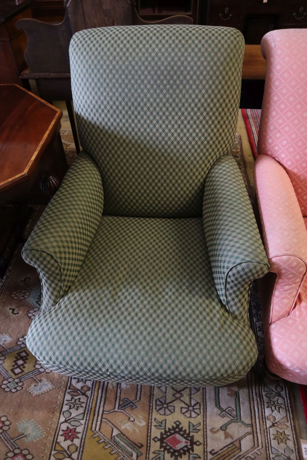 A pair of Victorian mahogany upholstered armchairs, width 72cm depth 90cm height 94cm